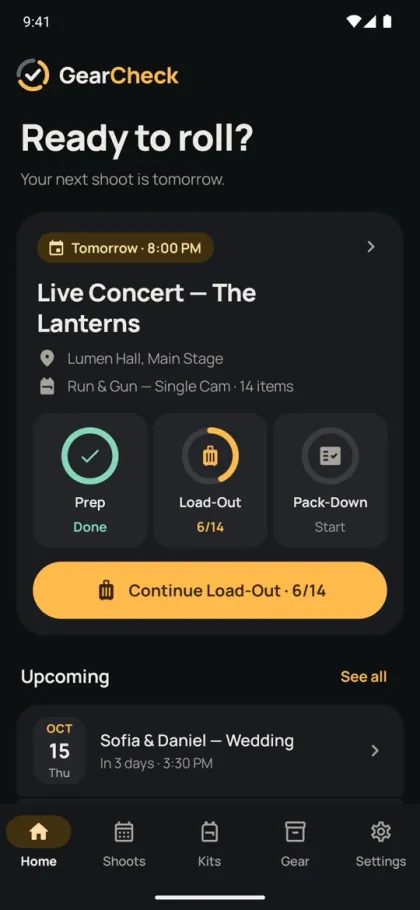 GearCheck home screen with the next shoot