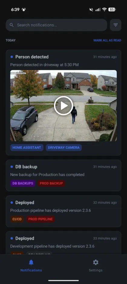 Pulsetray inbox with a video notification