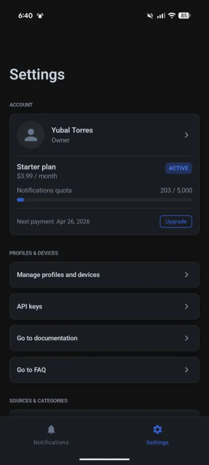 Pulsetray settings with plan and API keys